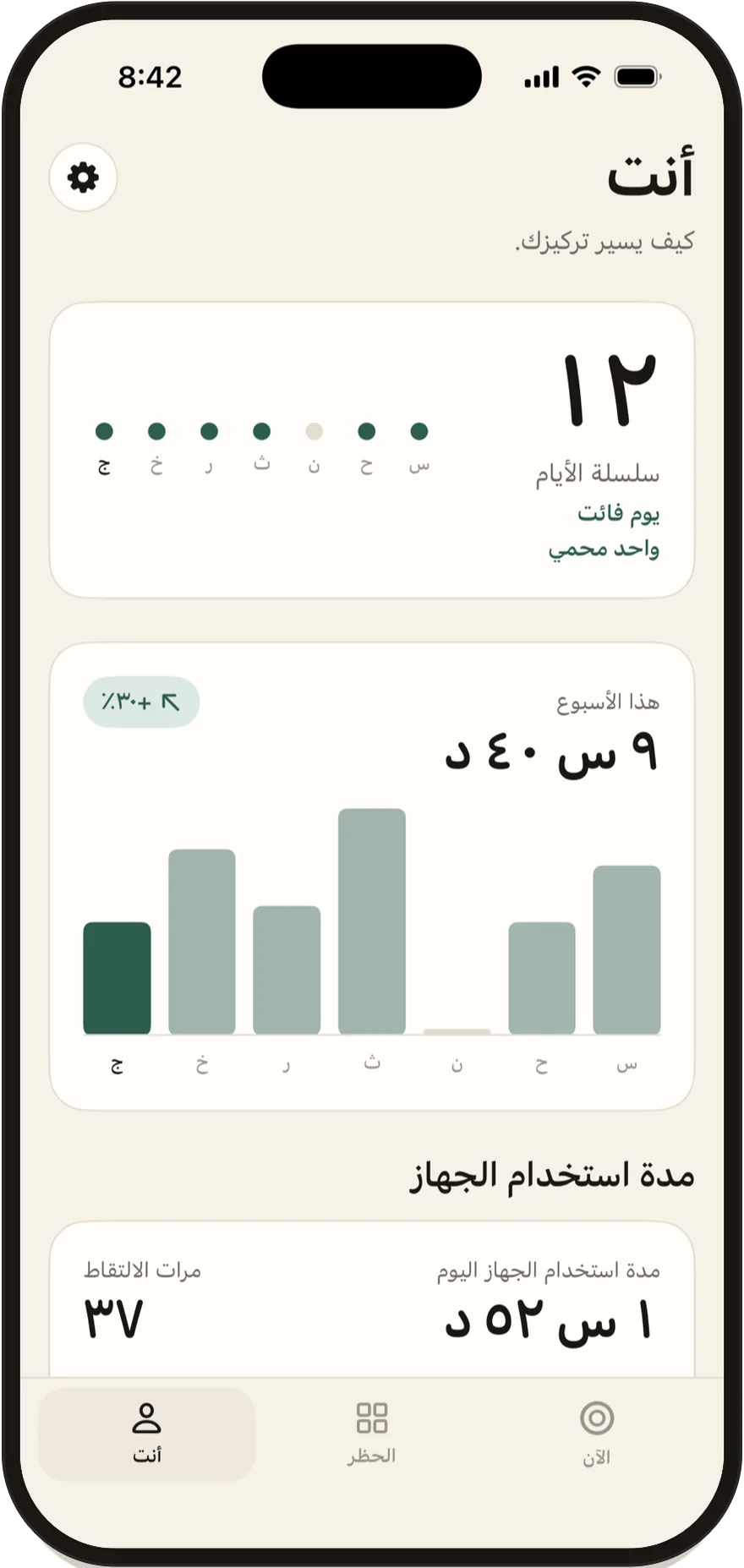 شاشة «أنت» في FlowState مع سلسلة من 12 يومًا ومخطط أسبوعي للتركيز.