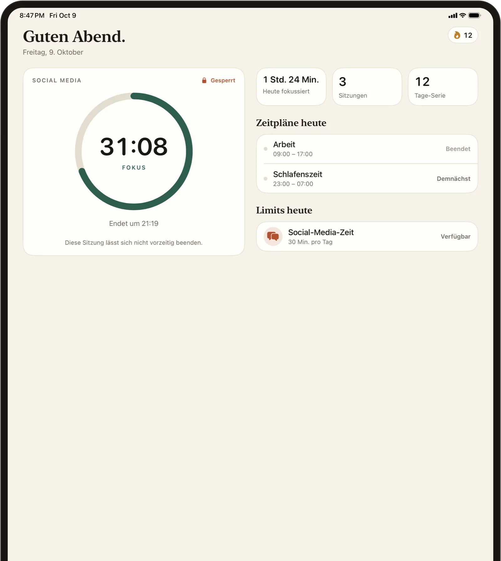 FlowState auf dem iPad mit Fokus-Timer sowie den heutigen Zeitplänen und Limits nebeneinander.