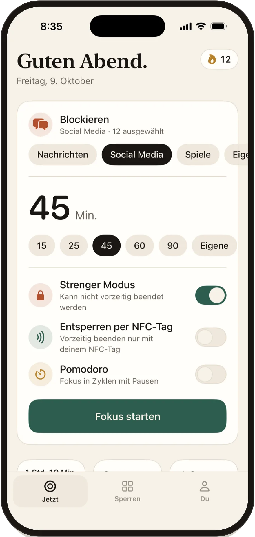 FlowState-Startbildschirm mit Schaltern für strengen Modus, „Mit Tag entsperren“ und Pomodoro.