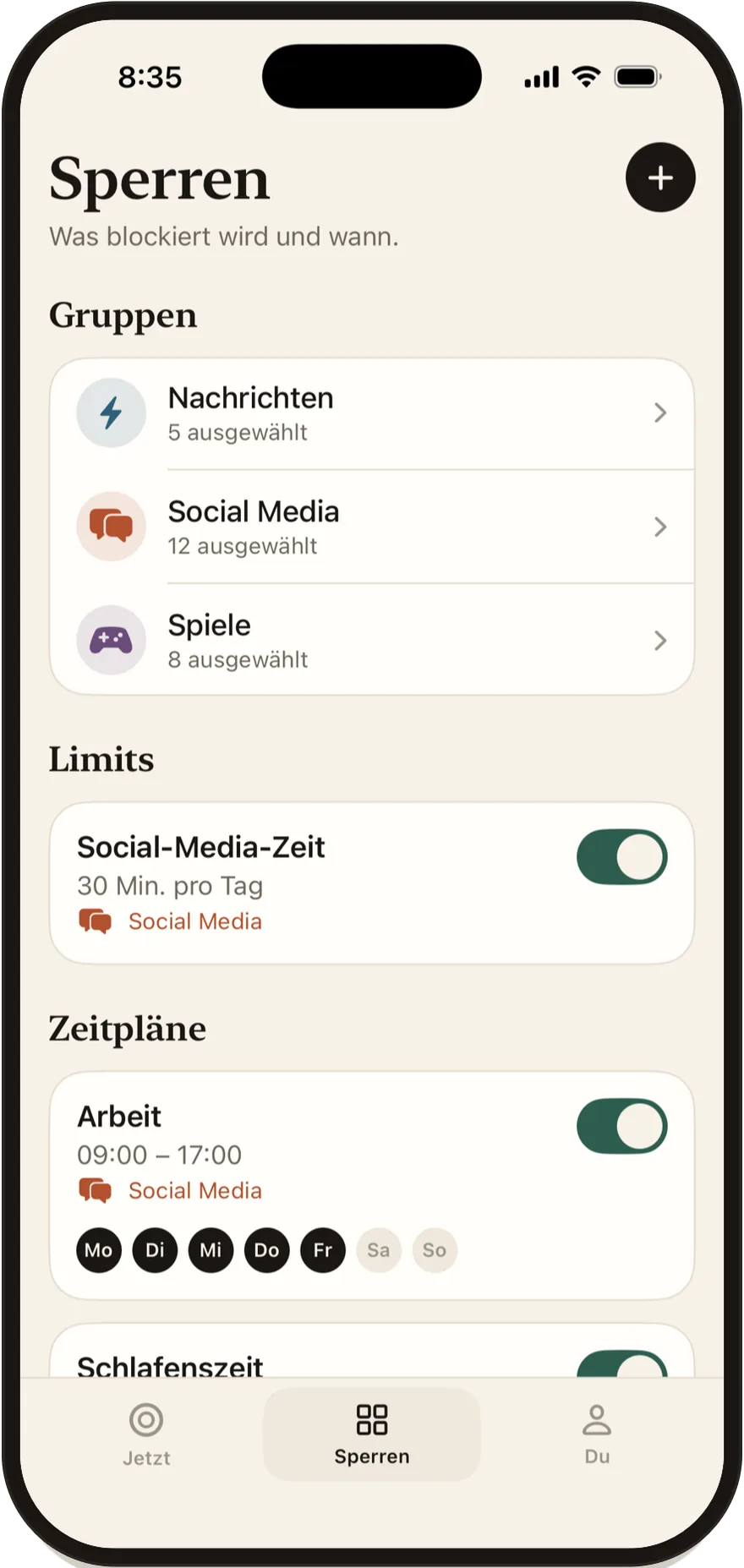 FlowState-Bildschirm „Sperren“ mit einer Liste von Gruppen, Limits und Zeitplänen.