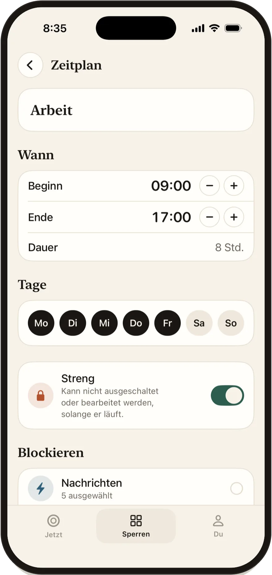 FlowState-Zeitplaneditor mit Start- und Endzeit sowie Wochentagen.