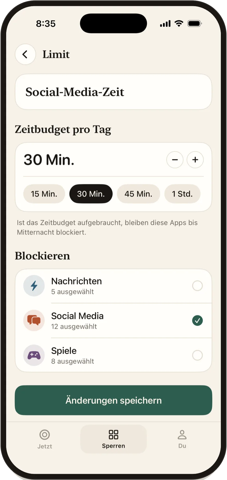 FlowState-Editor für Tageslimits, eingestellt auf 30 Minuten.