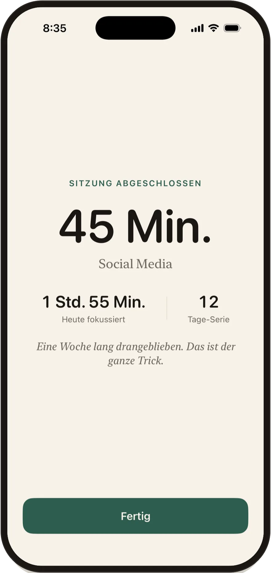 FlowState-Abschlussbildschirm einer 45-minütigen Sitzung.
