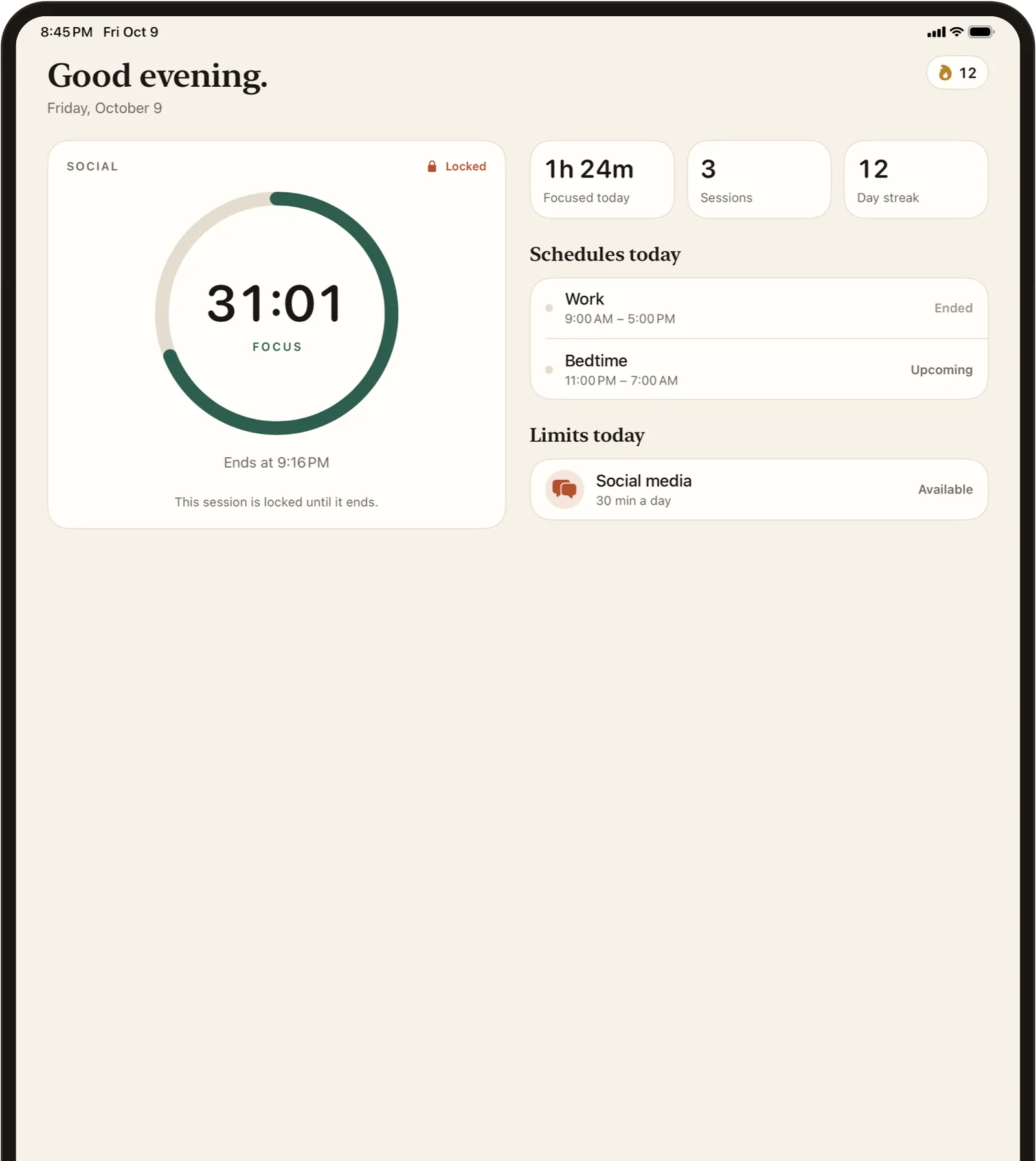 FlowState on iPad with the focus timer, today's schedules and limits side by side.
