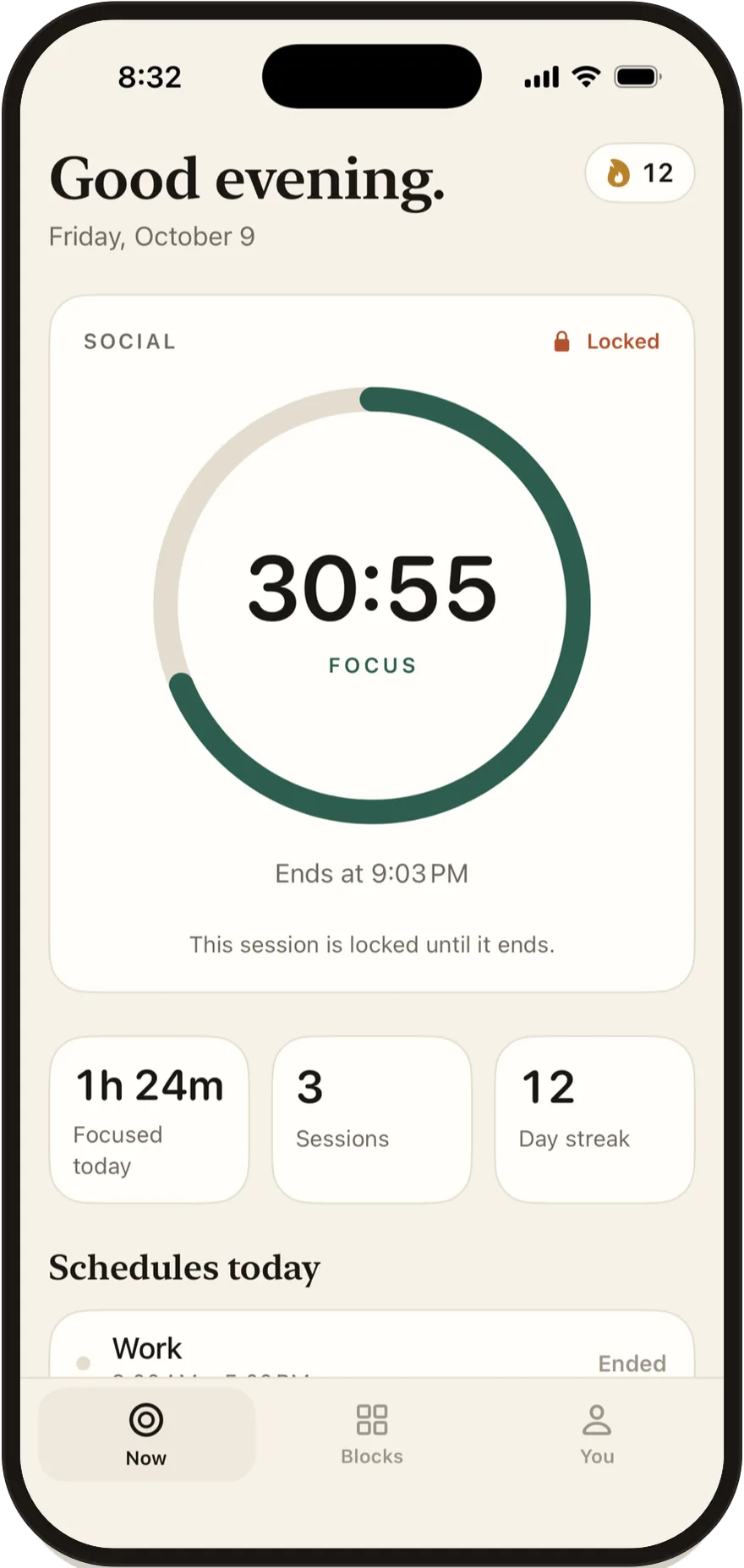 FlowState on iPhone: a focus session with 30 minutes left, the social apps locked.