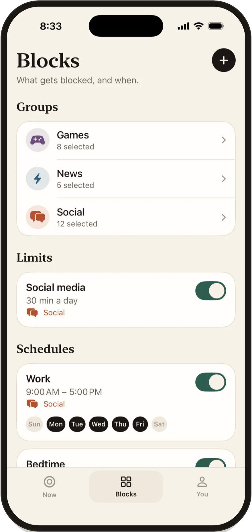 FlowState Blocks screen listing groups, limits and schedules.