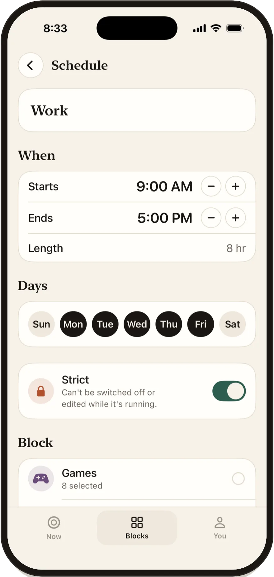 FlowState schedule editor with start and end times and days of the week.