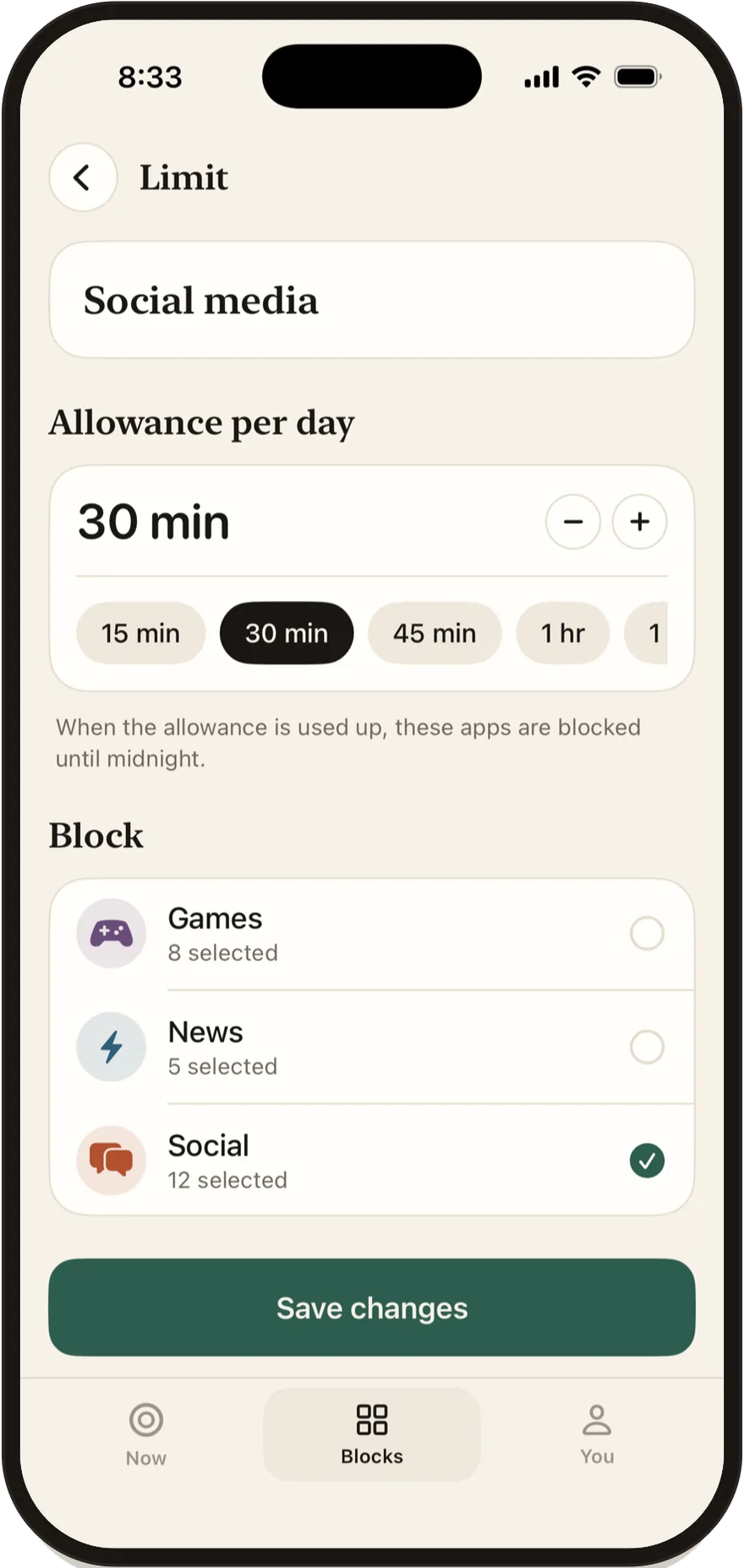 FlowState daily limit editor set to 30 minutes.