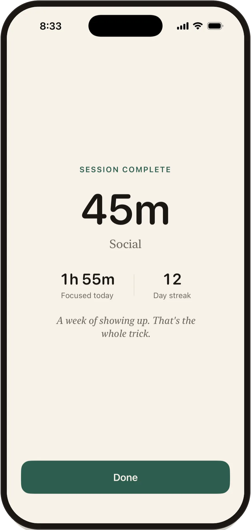 FlowState session complete screen showing a 45-minute session.