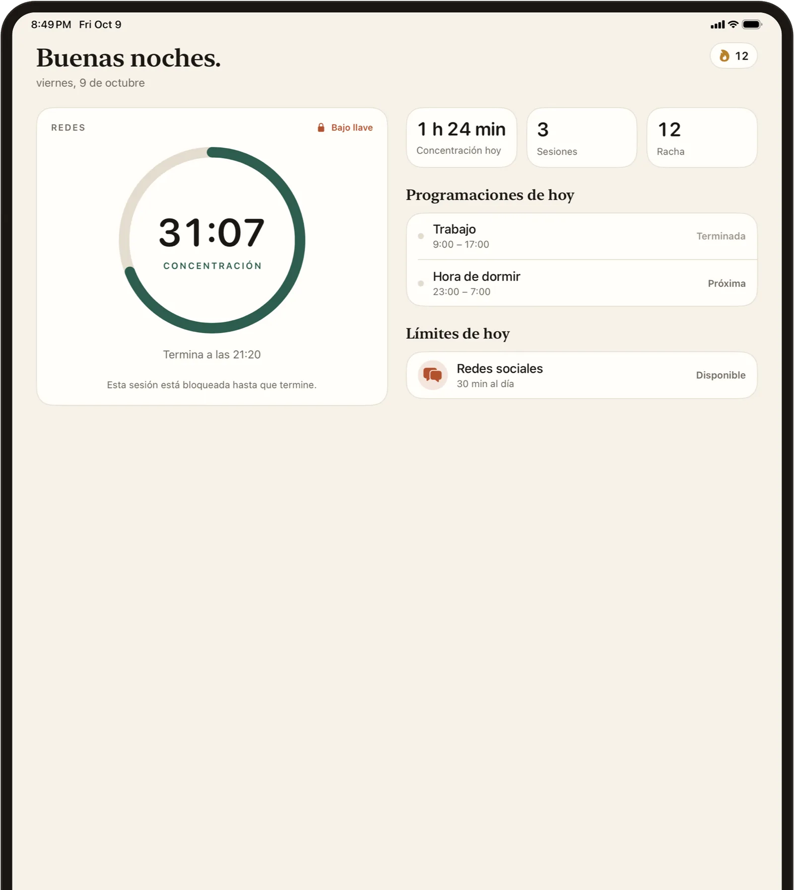 FlowState en el iPad con el temporizador de concentración, los horarios de hoy y los límites uno al lado del otro.