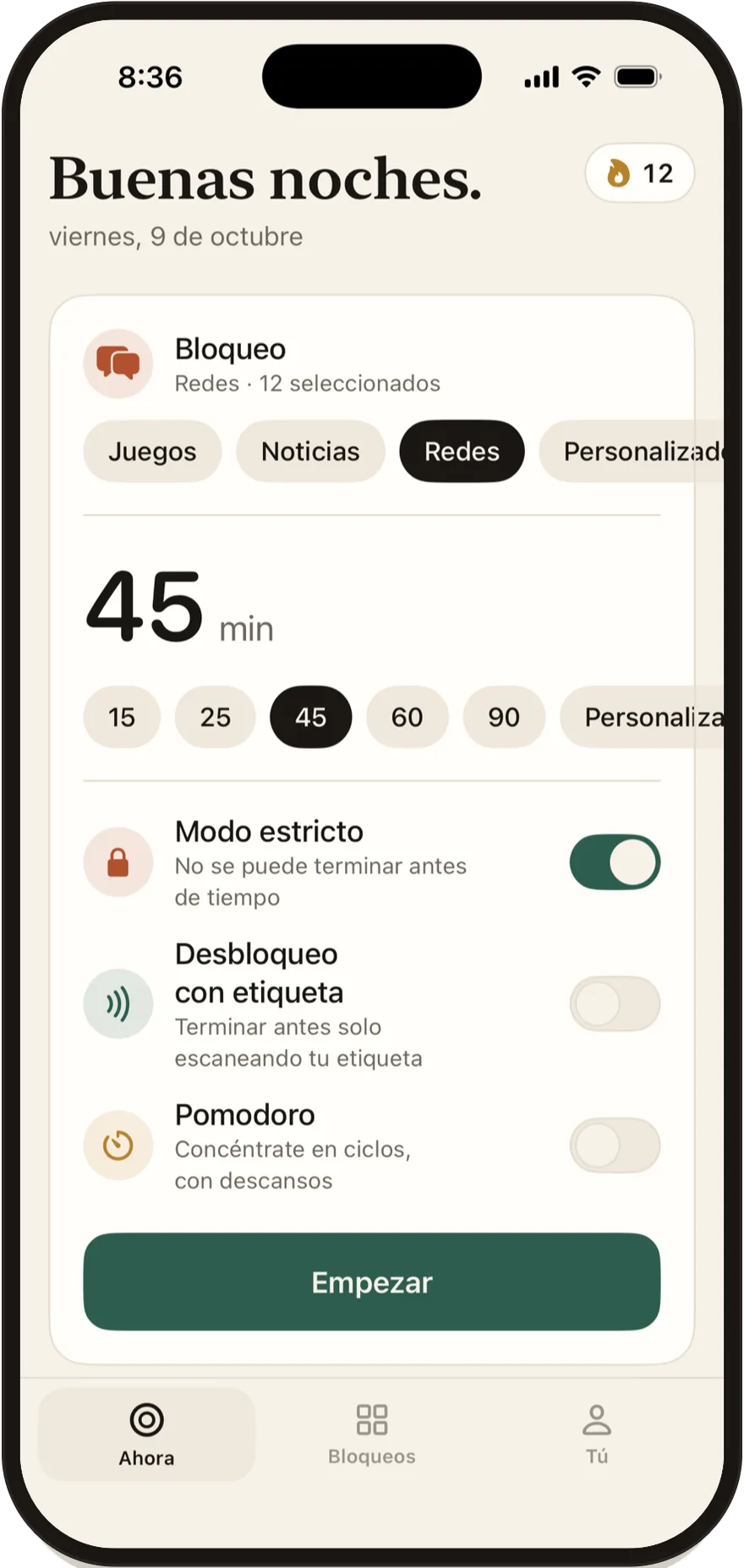 Pantalla de inicio de sesión de FlowState con los interruptores de modo estricto, Desbloqueo con etiqueta y Pomodoro.