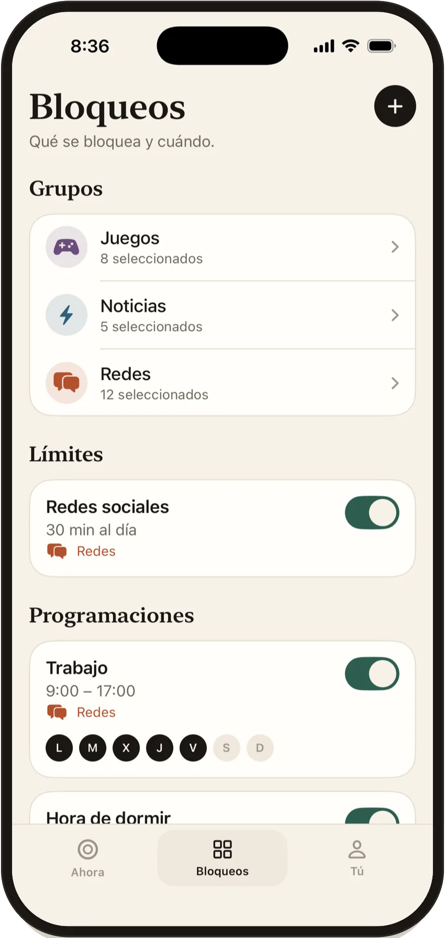 Pantalla Bloqueos de FlowState con la lista de grupos, límites y horarios.