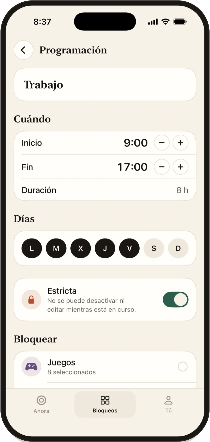 Editor de horarios de FlowState con hora de inicio, hora de fin y días de la semana.