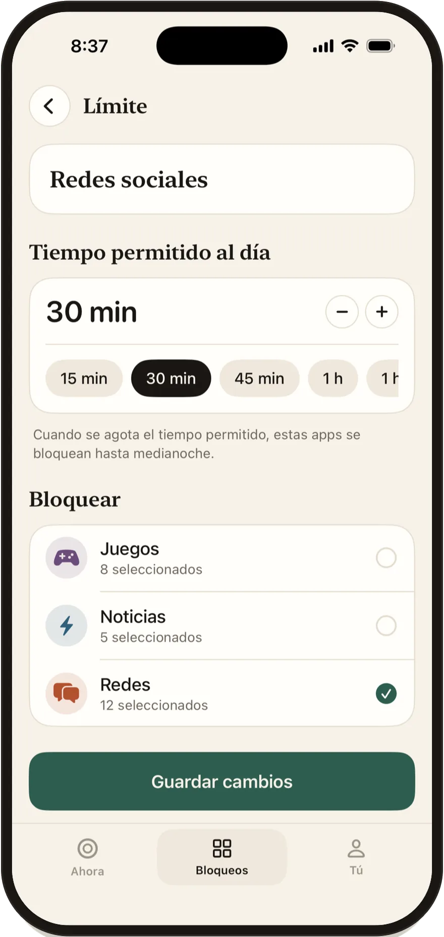 Editor de límite diario de FlowState configurado en 30 minutos.