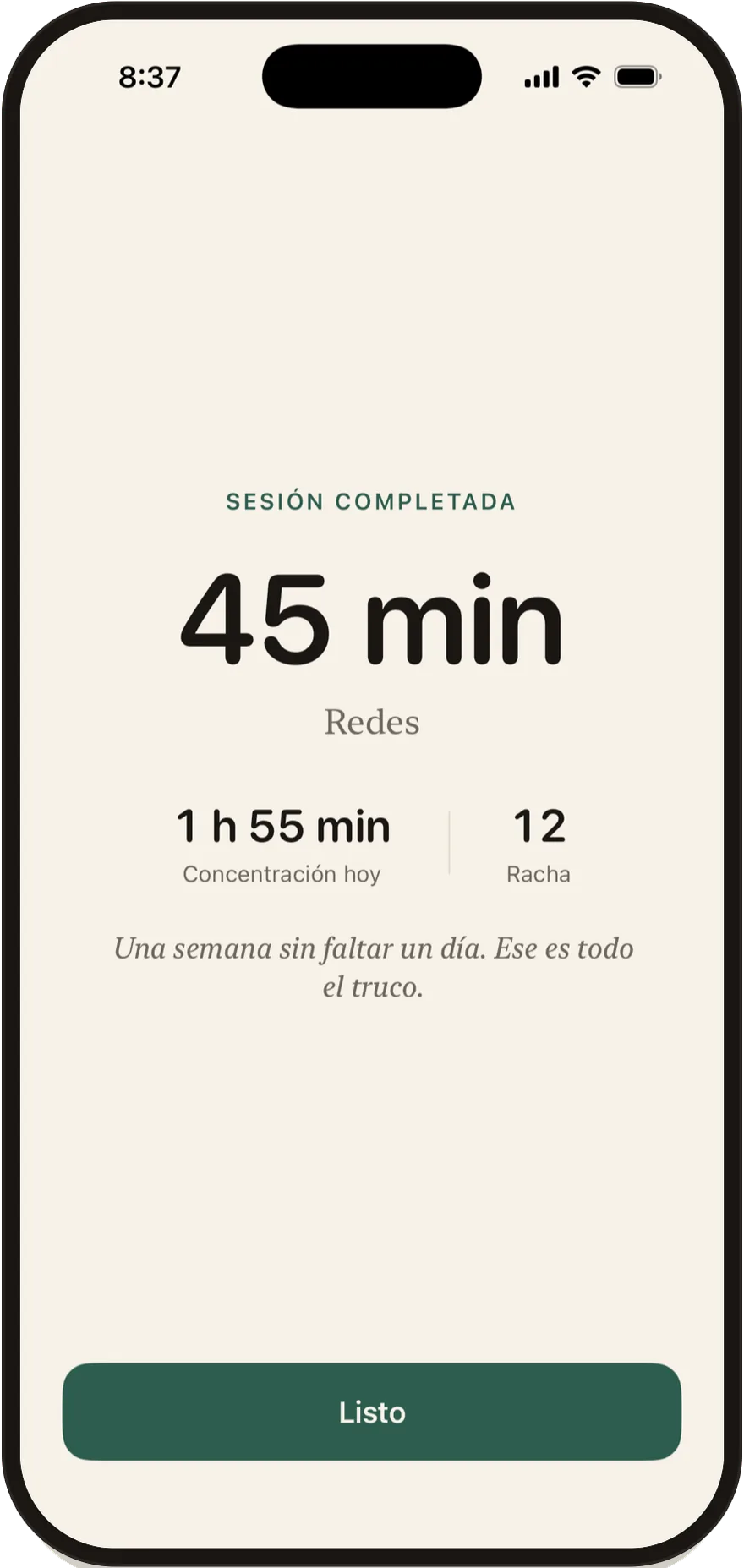 Pantalla de sesión completada de FlowState con una sesión de 45 minutos.