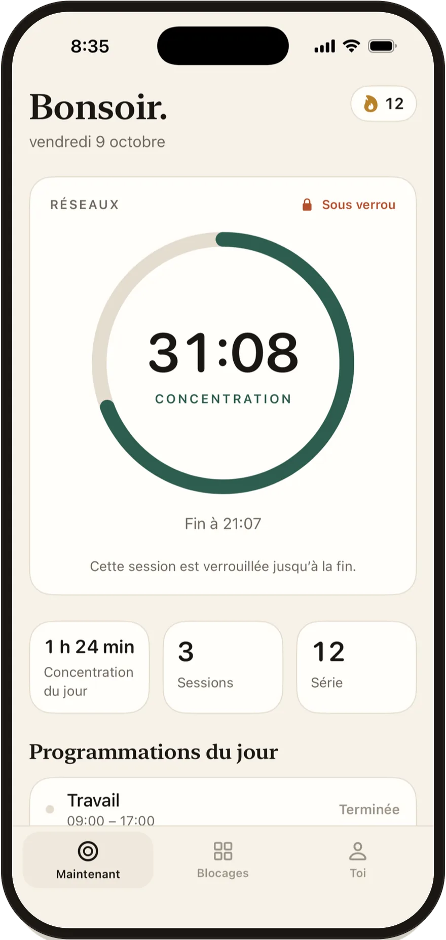 FlowState sur iPhone : une session de concentration avec 30 minutes restantes, les apps de réseaux sociaux verrouillées.