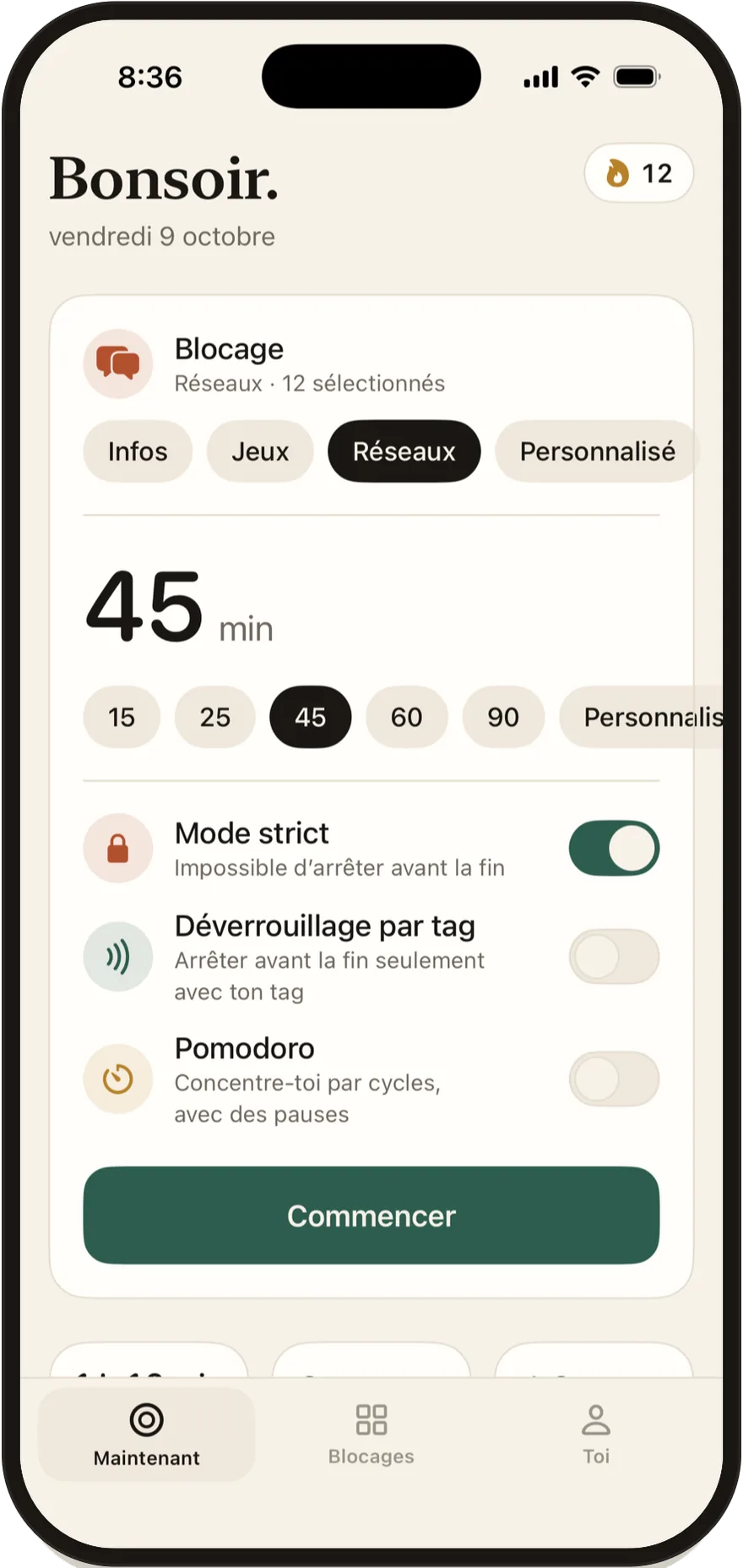 Écran de démarrage de FlowState avec les commutateurs Mode strict, Déverrouillage par tag et Pomodoro.
