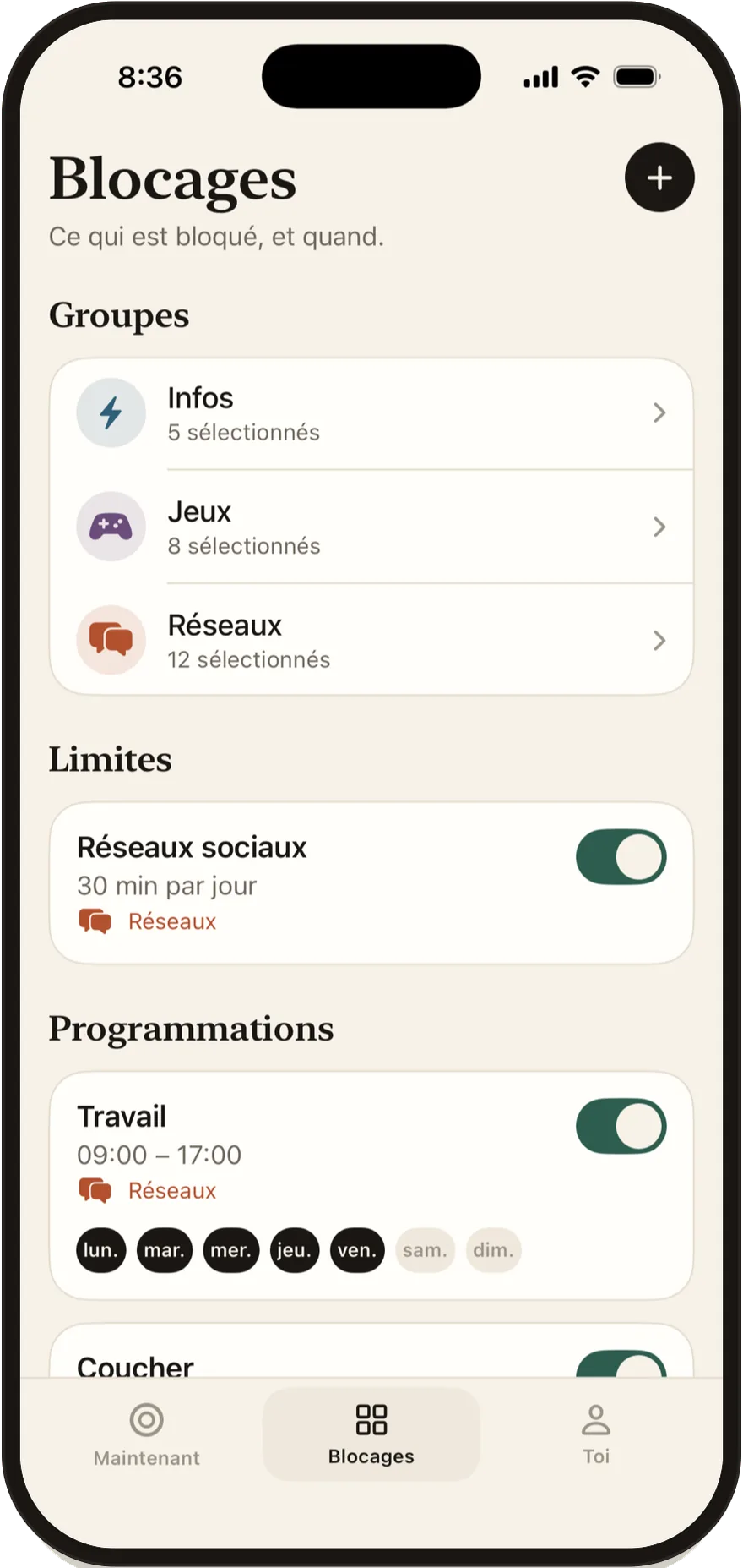 Écran Blocages de FlowState listant les groupes, les limites et les plannings.