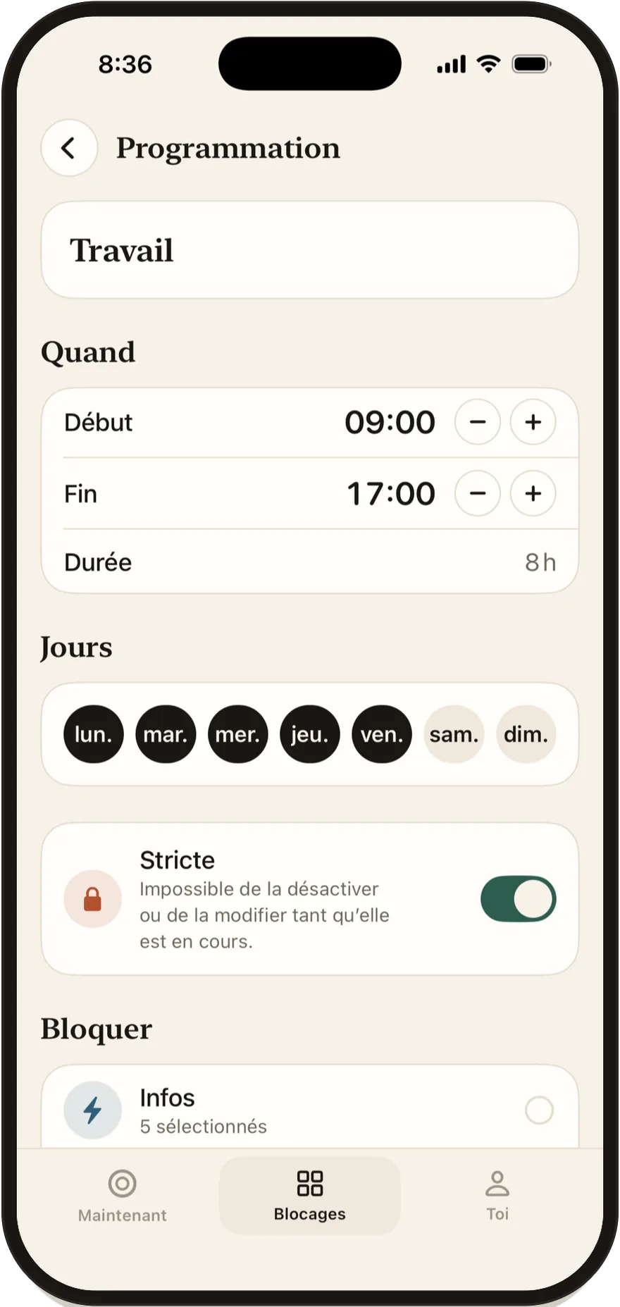 Éditeur de planning de FlowState avec les heures de début et de fin et les jours de la semaine.