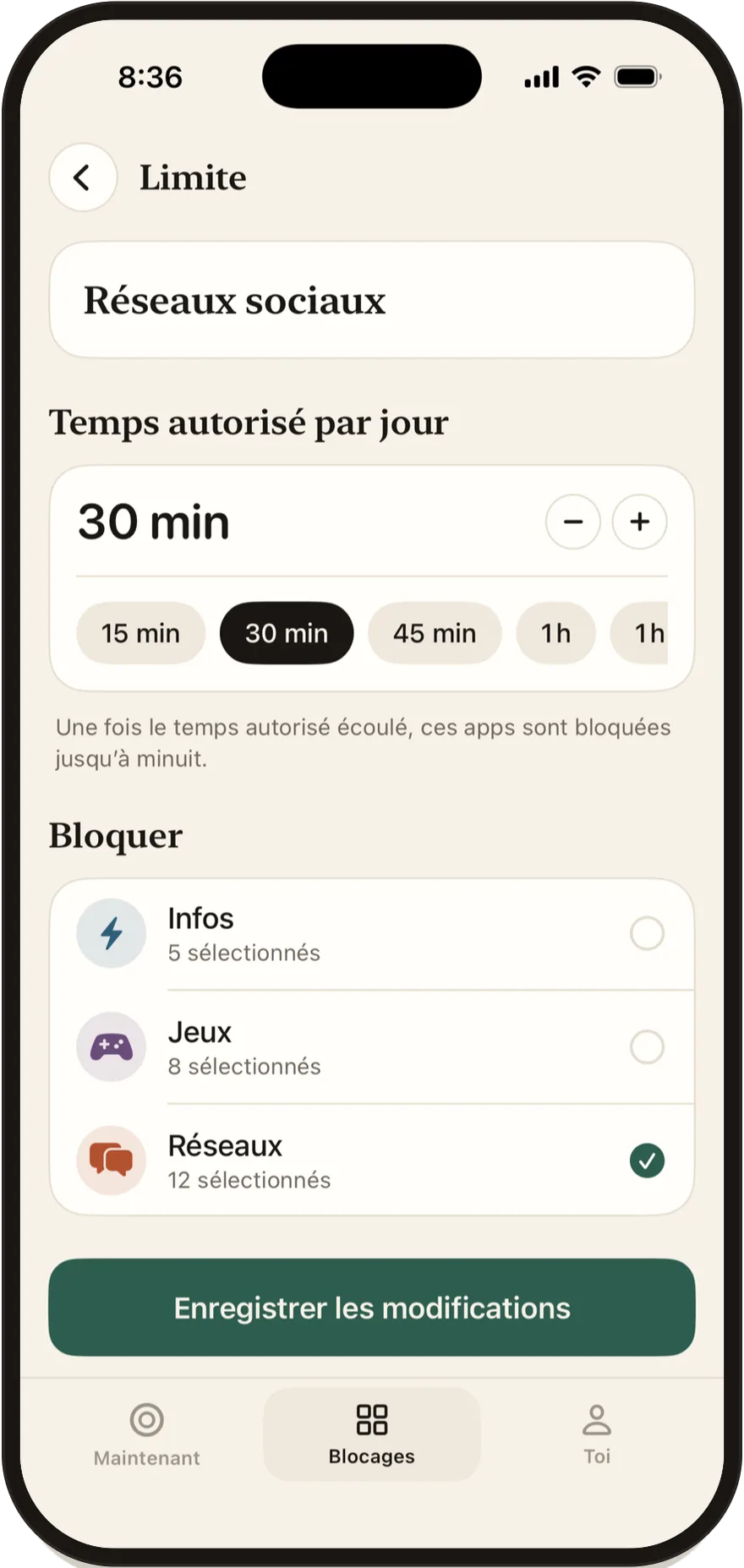 Éditeur de limite quotidienne de FlowState réglé sur 30 minutes.