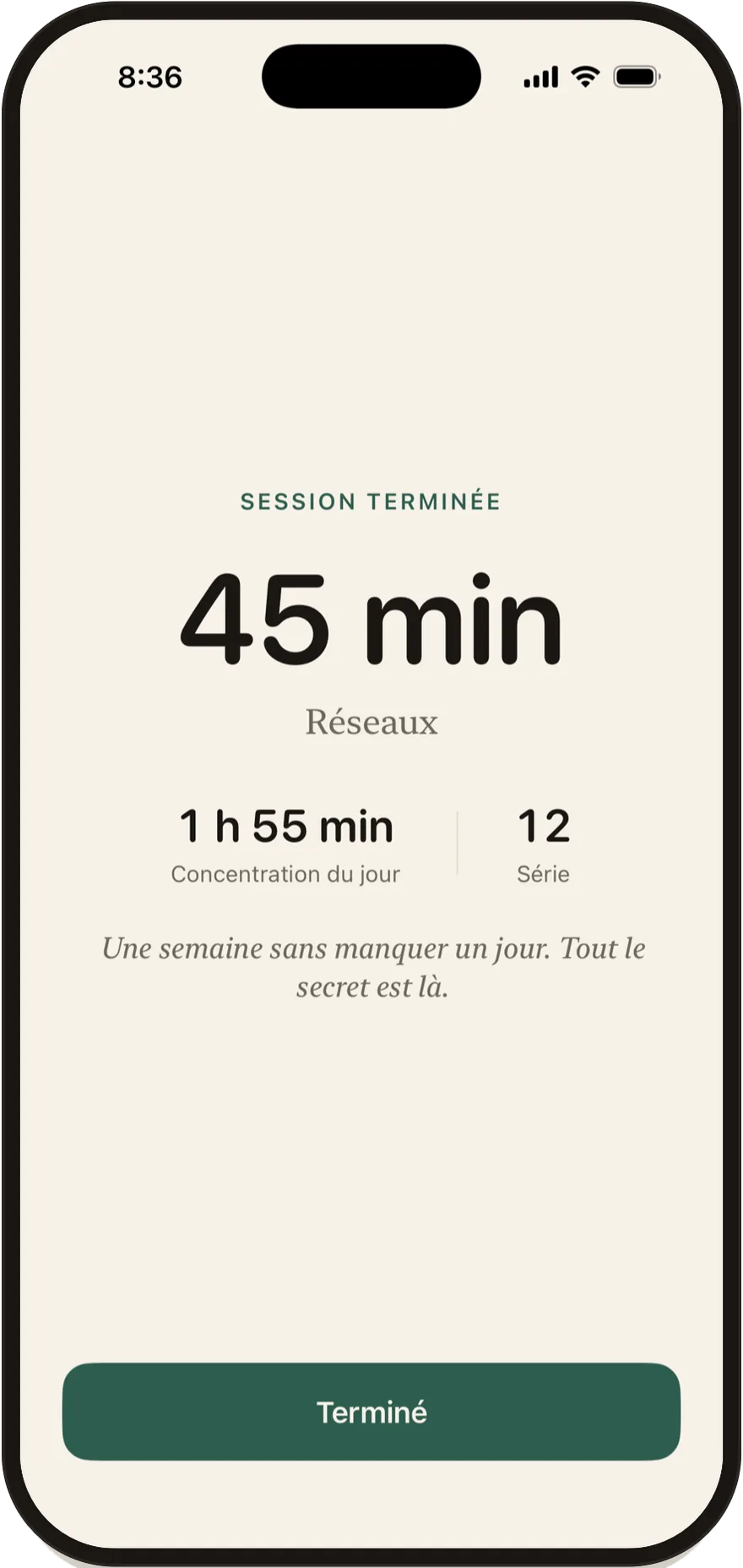 Écran de fin de session de FlowState affichant une session de 45 minutes.