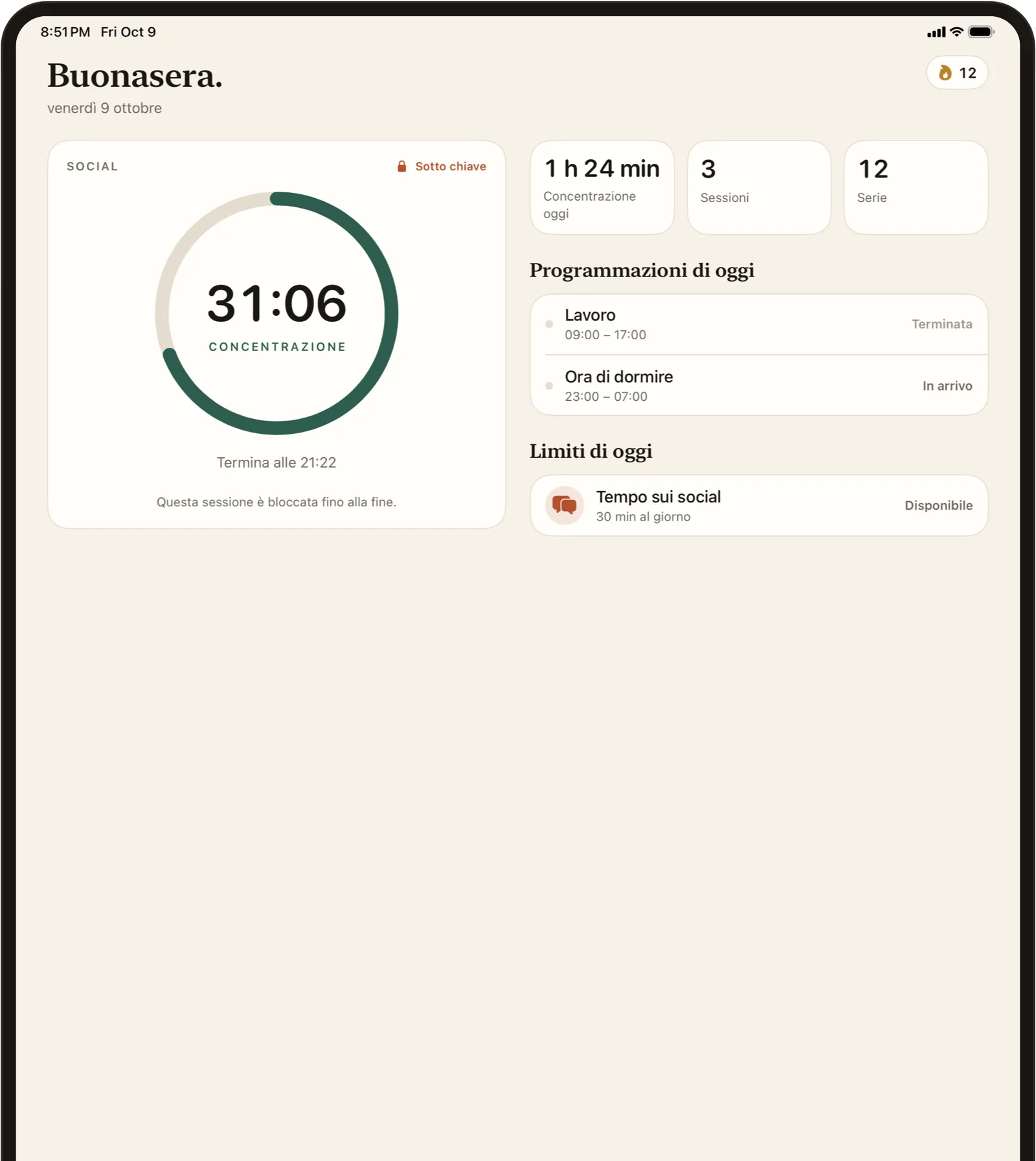 FlowState su iPad con il timer di concentrazione, le programmazioni e i limiti di oggi fianco a fianco.