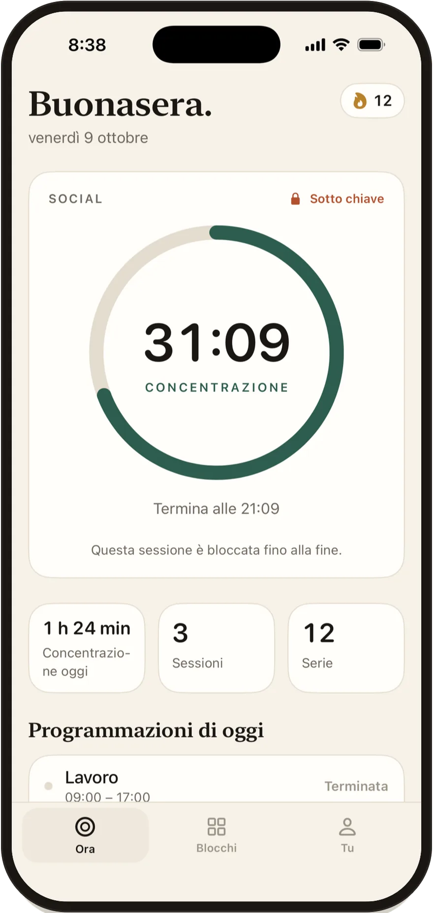 FlowState su iPhone: una sessione di concentrazione con 30 minuti rimanenti e le app social bloccate.