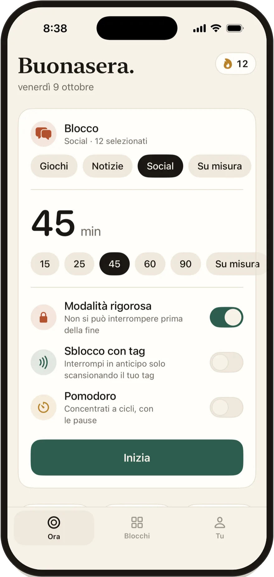 Schermata di avvio di FlowState con gli interruttori per modalità rigorosa, Sblocco con tag e Pomodoro.