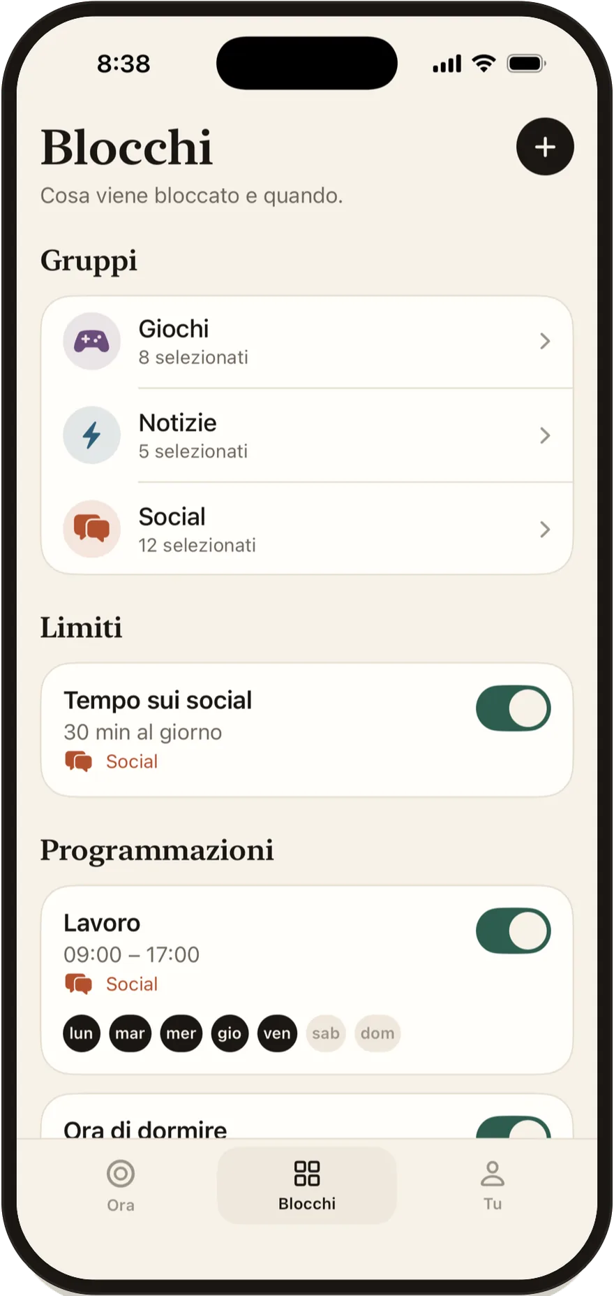 Schermata Blocchi di FlowState con l’elenco di gruppi, limiti e programmazioni.