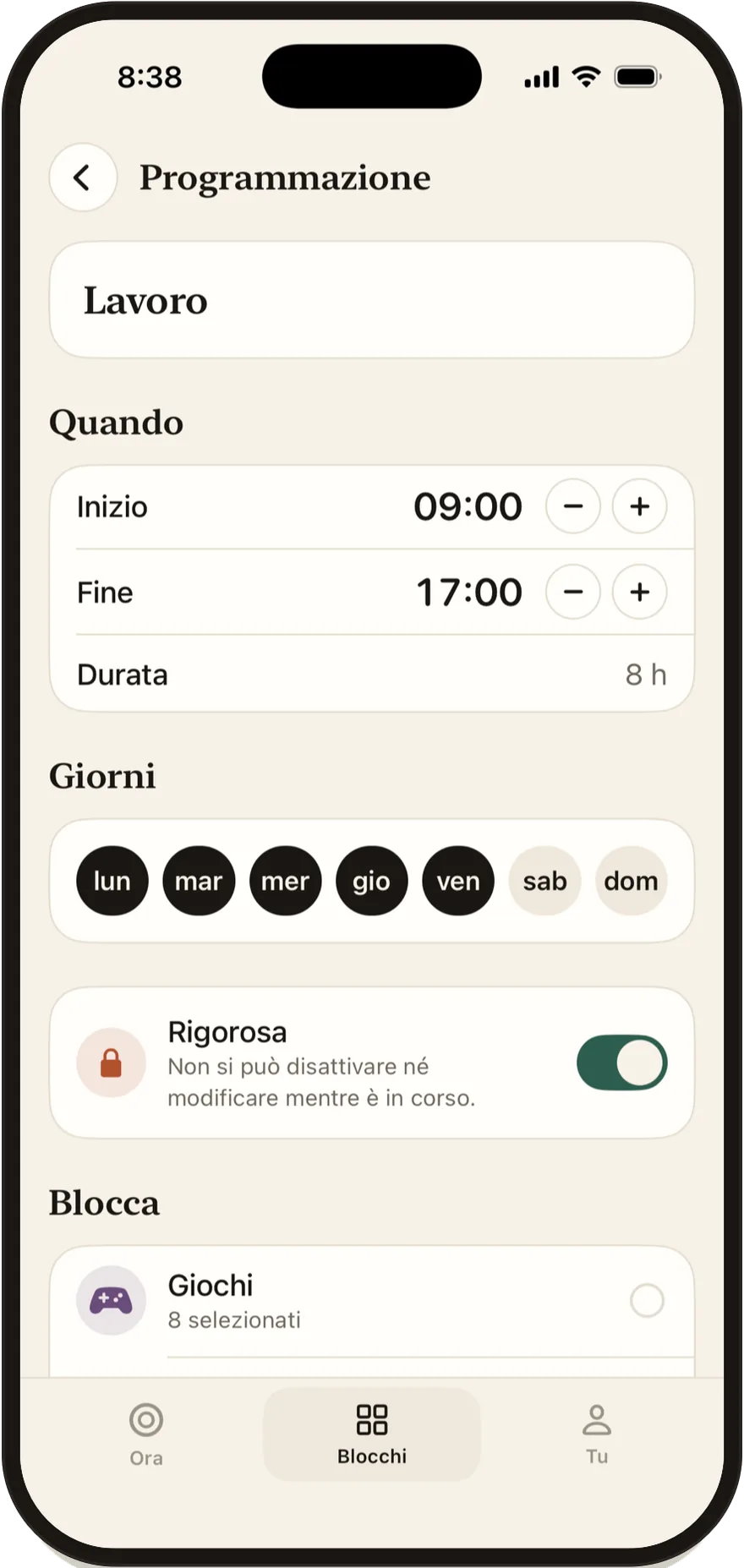 Editor delle programmazioni di FlowState con orario di inizio e di fine e giorni della settimana.