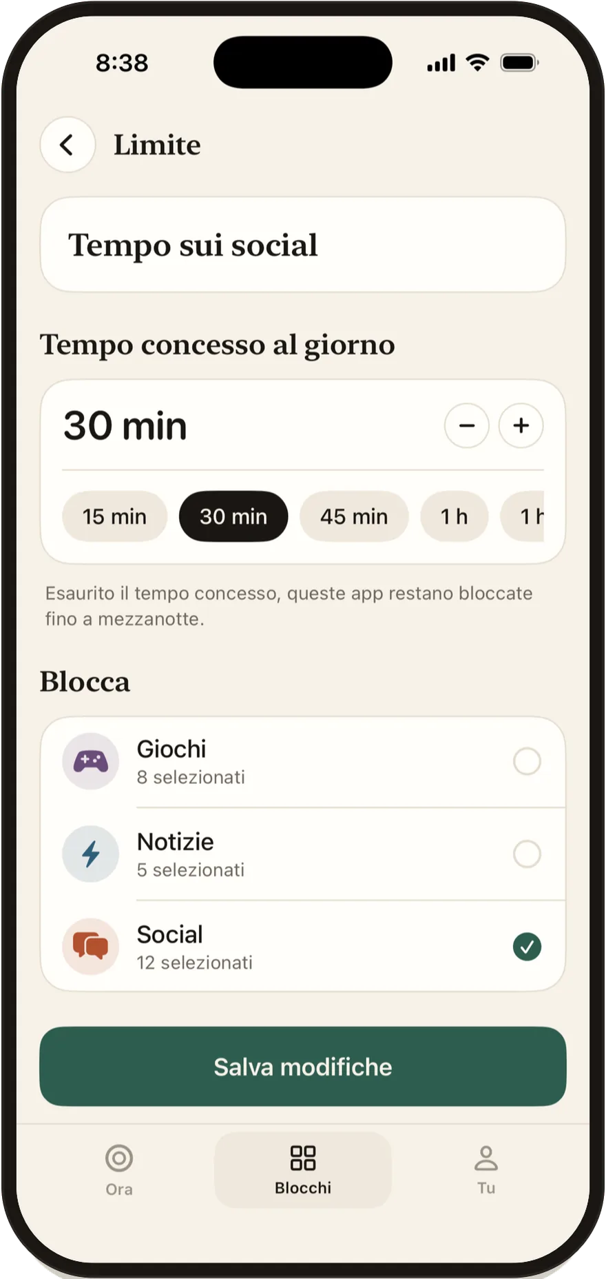 Editor del limite giornaliero di FlowState impostato su 30 minuti.