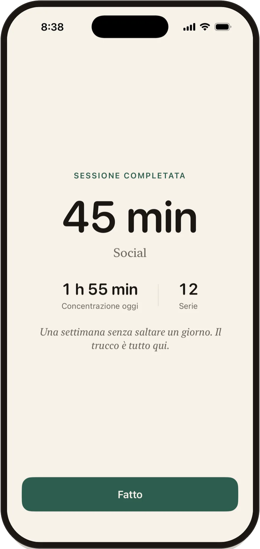 Schermata di sessione completata di FlowState con una sessione di 45 minuti.