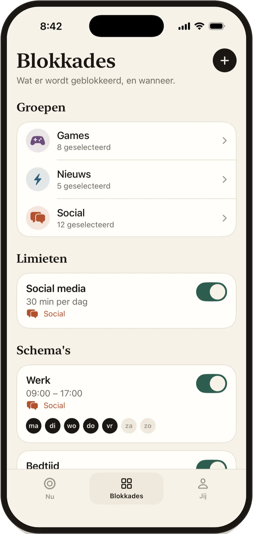 Het Blokkades-scherm van FlowState met een lijst van groepen, limieten en schema's.