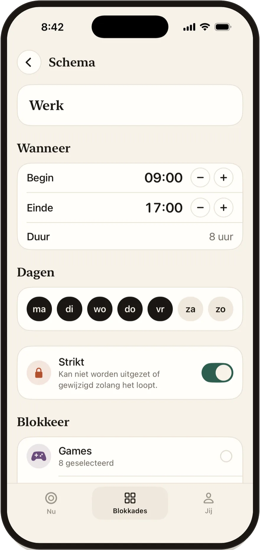 De schema-editor van FlowState met begin- en eindtijden en dagen van de week.