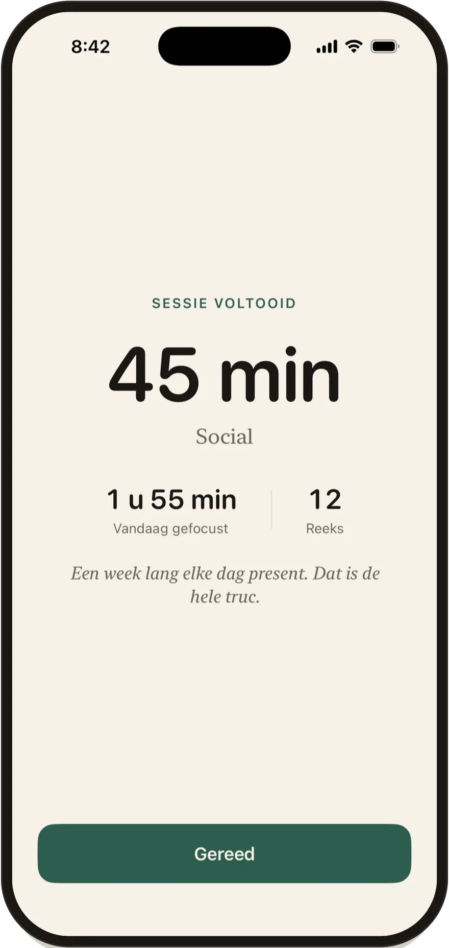 Het scherm Sessie voltooid van FlowState met een sessie van 45 minuten.