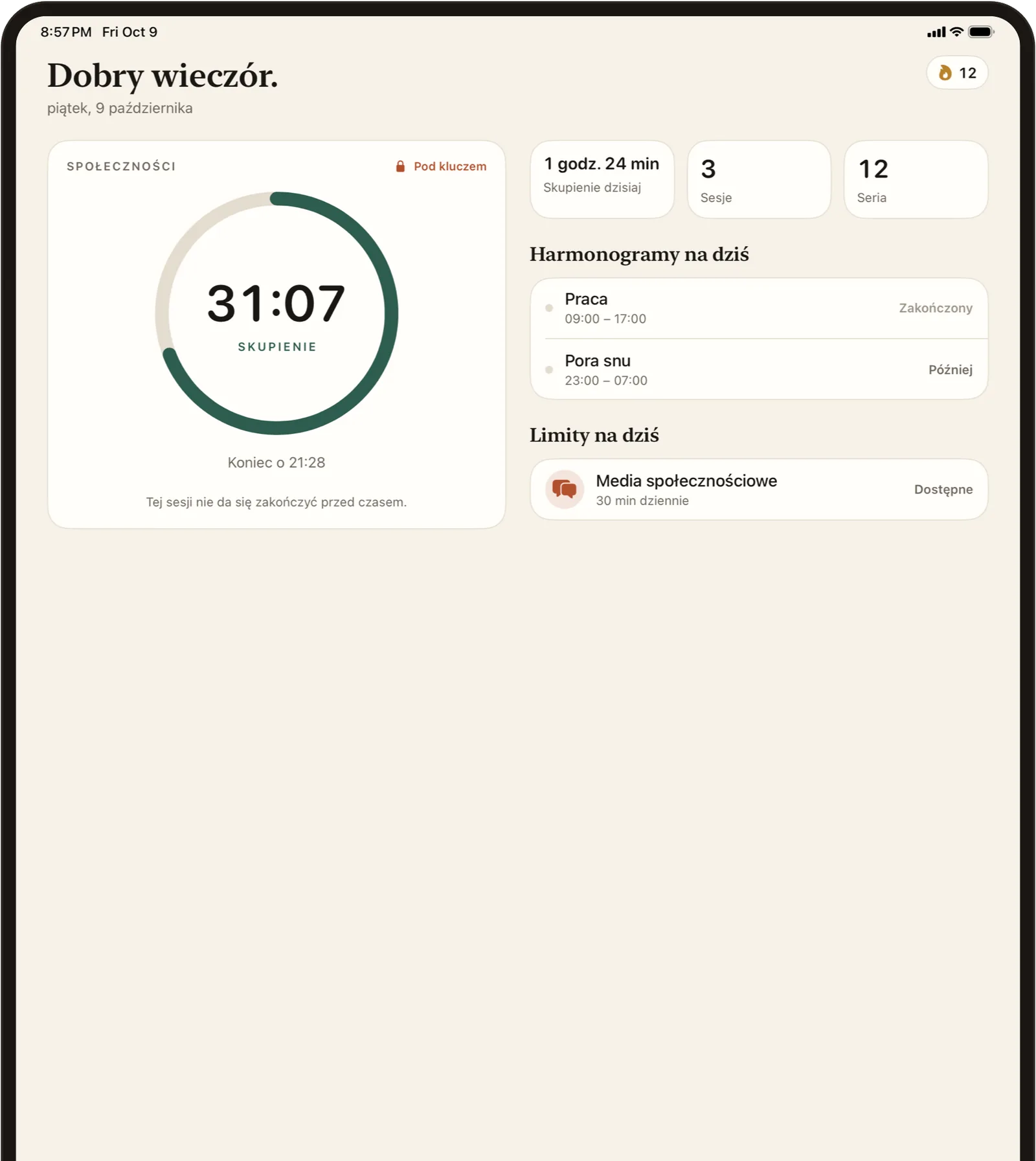 FlowState na iPadzie: minutnik skupienia oraz dzisiejsze harmonogramy i limity obok siebie.