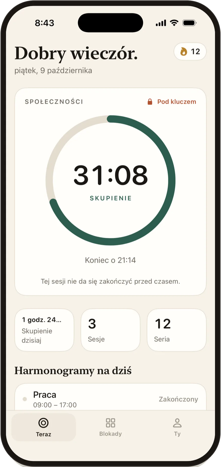 FlowState na iPhonie: sesja skupienia, do końca 30 minut, aplikacje społecznościowe zablokowane.