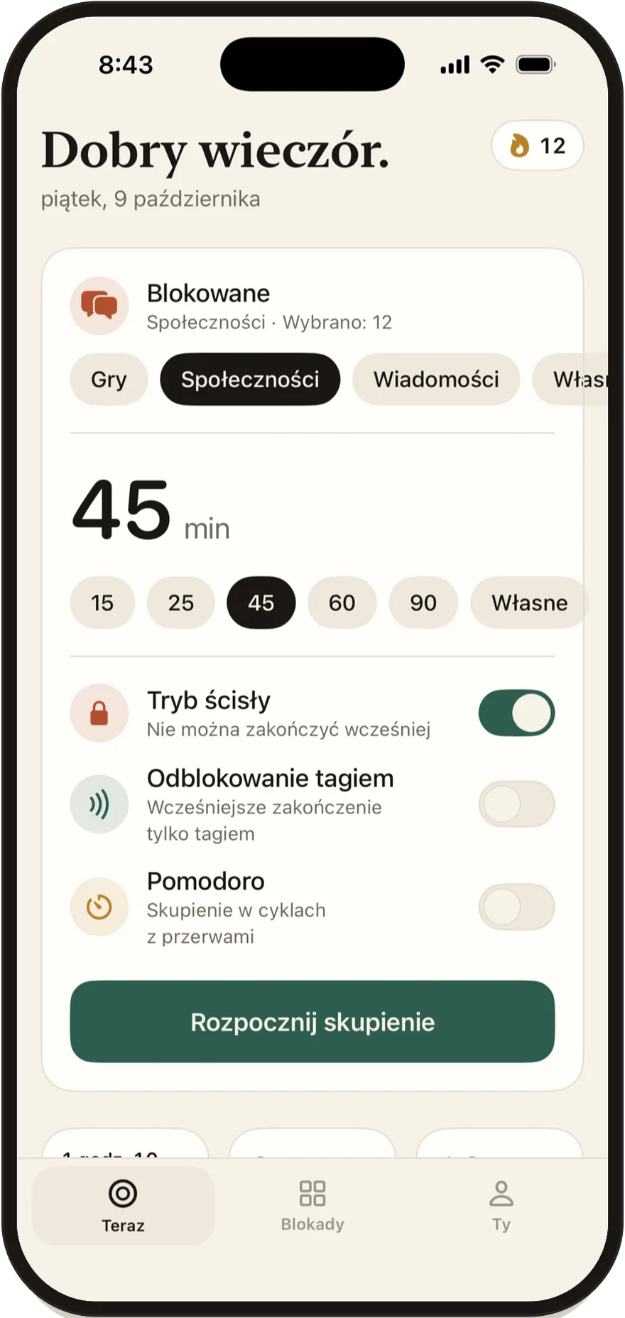 Ekran startowy FlowState z przełącznikami: tryb ścisły, „Odblokowanie tagiem” i Pomodoro.