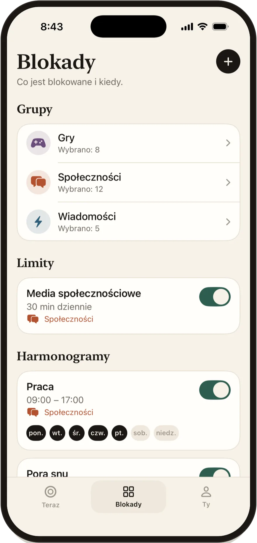 Ekran „Blokady” w FlowState z listą grup, limitów i harmonogramów.