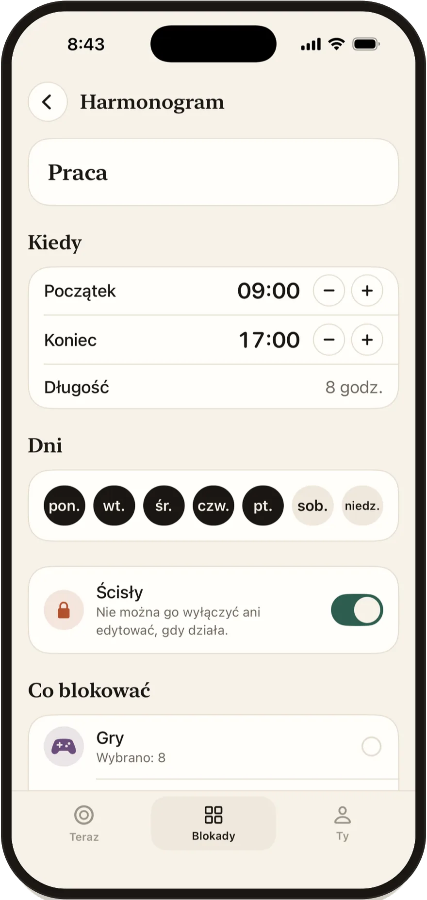 Edytor harmonogramu w FlowState z godziną rozpoczęcia i zakończenia oraz dniami tygodnia.