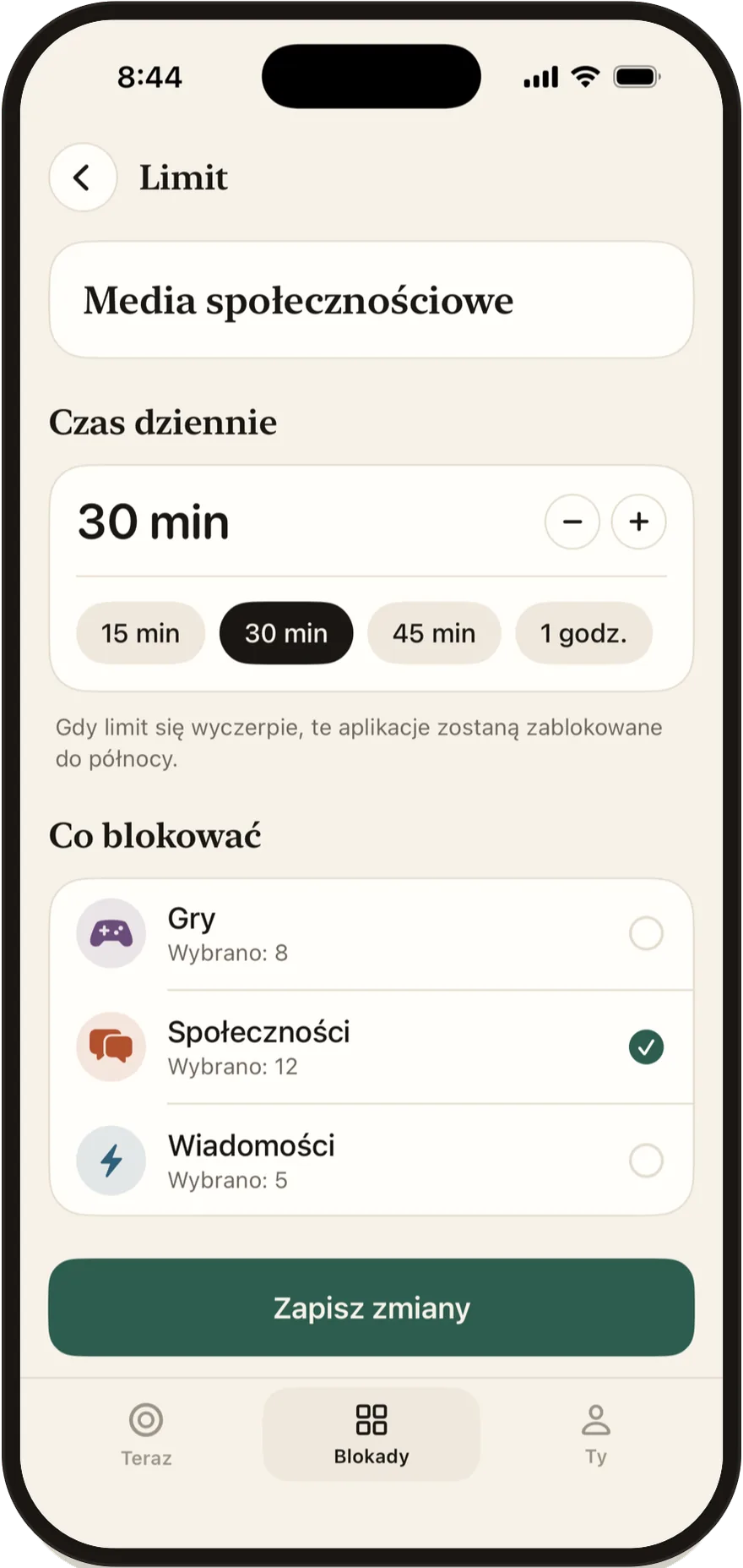 Edytor limitu dziennego w FlowState ustawiony na 30 minut.