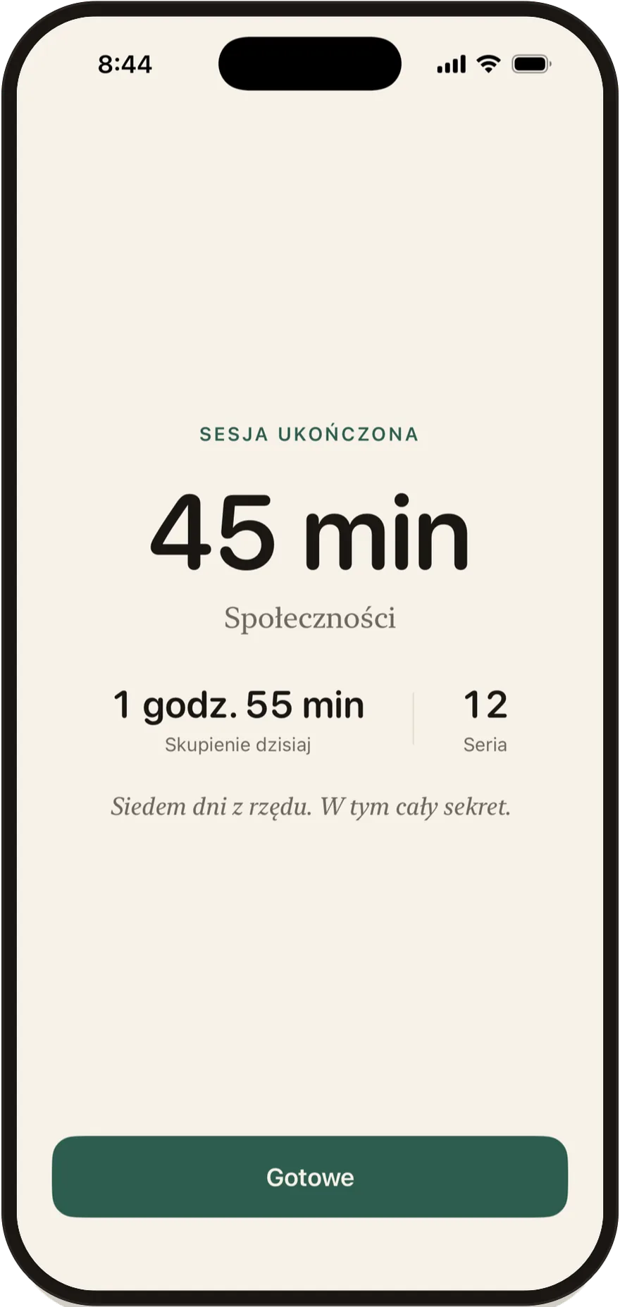 Ekran ukończenia sesji w FlowState pokazujący 45-minutową sesję.
