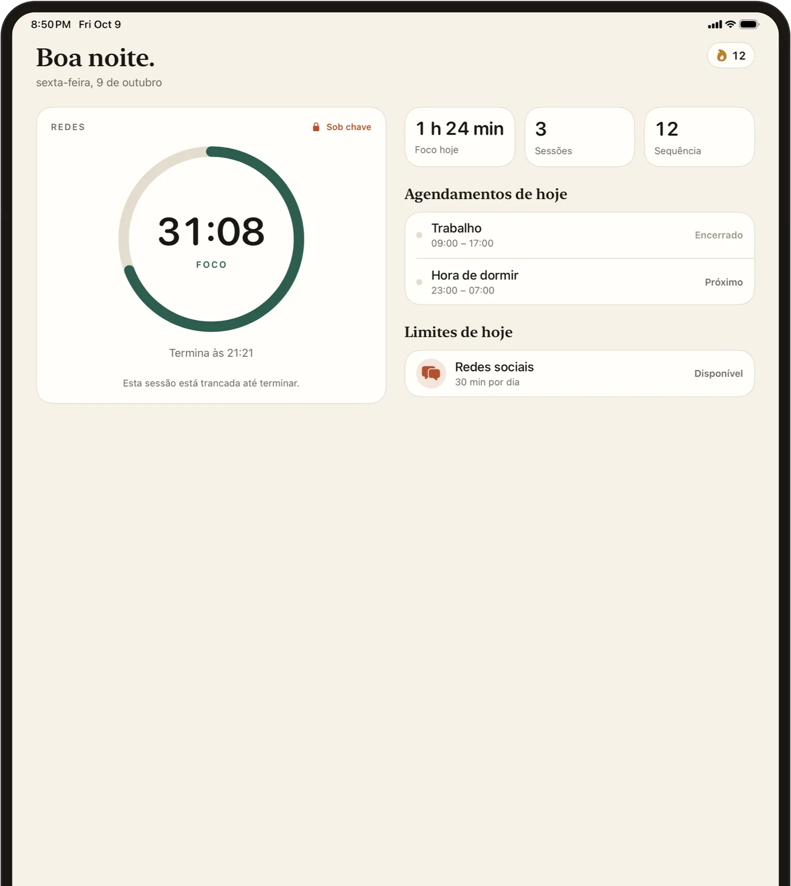 FlowState no iPad com o timer de foco e os agendamentos e limites de hoje lado a lado.