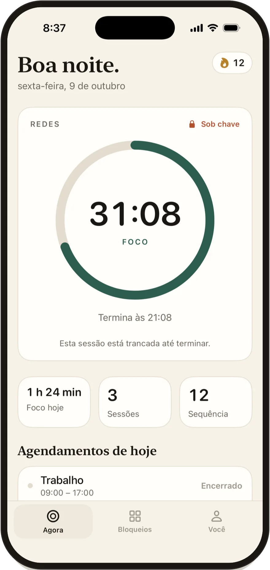 FlowState no iPhone: uma sessão de foco com 30 minutos restantes e os apps de redes sociais bloqueados.