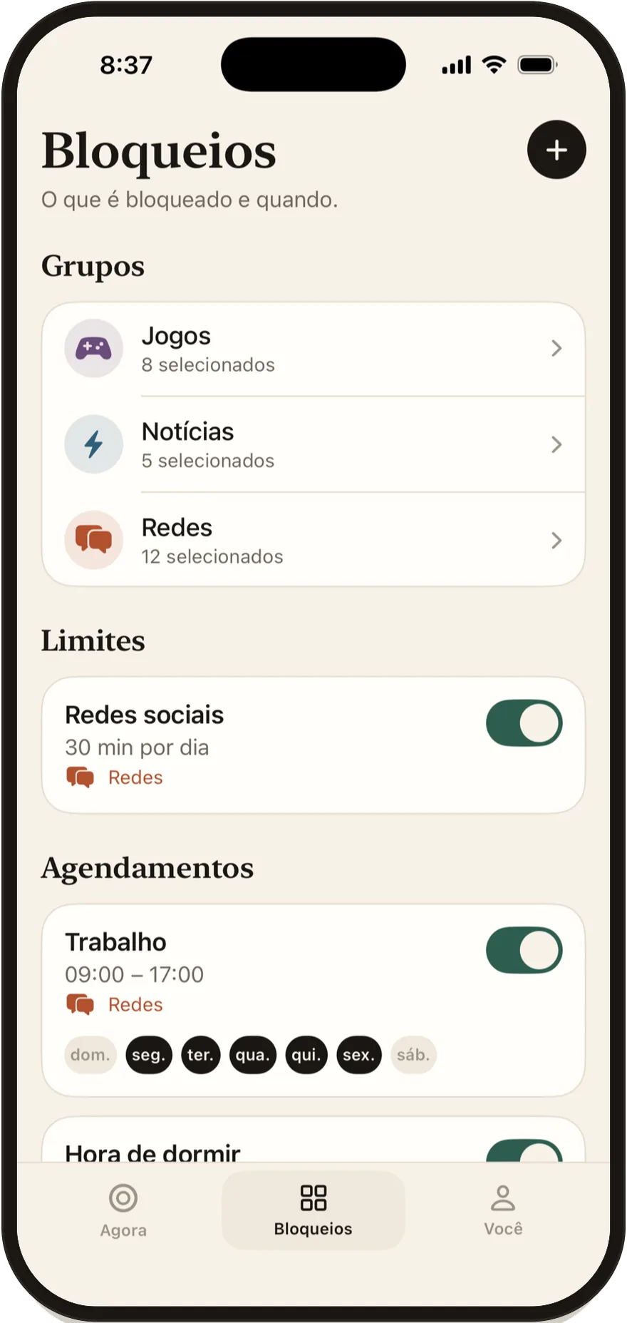 Tela Bloqueios do FlowState com a lista de grupos, limites e agendamentos.