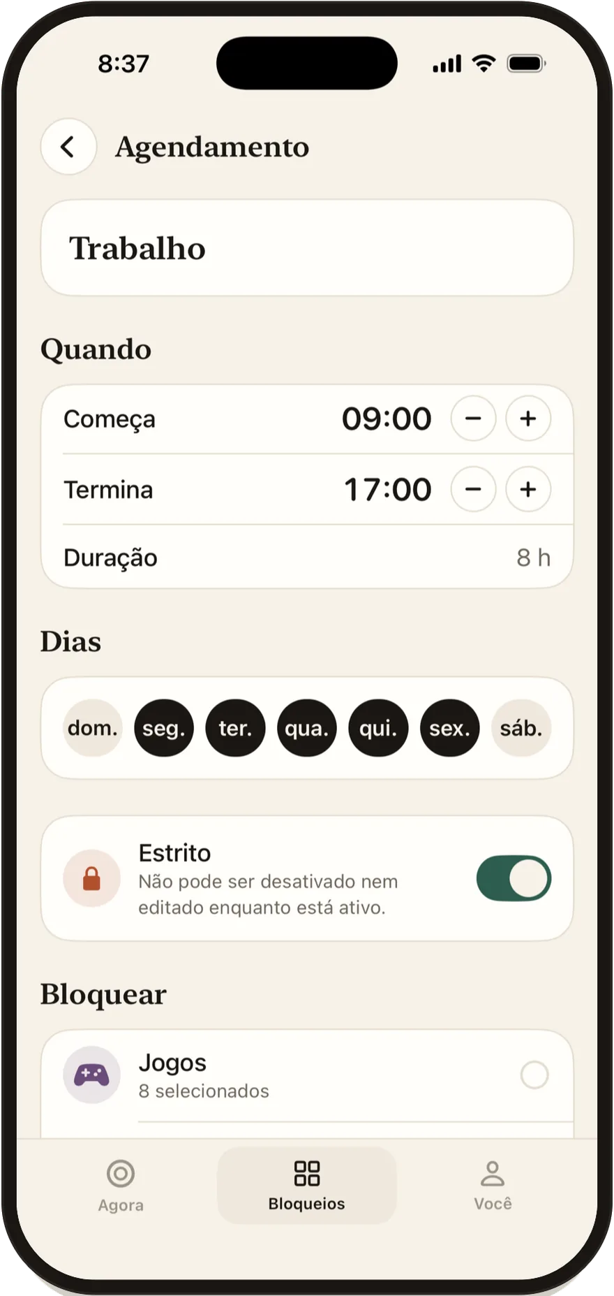 Editor de agendamentos do FlowState com horário de início e de fim e os dias da semana.