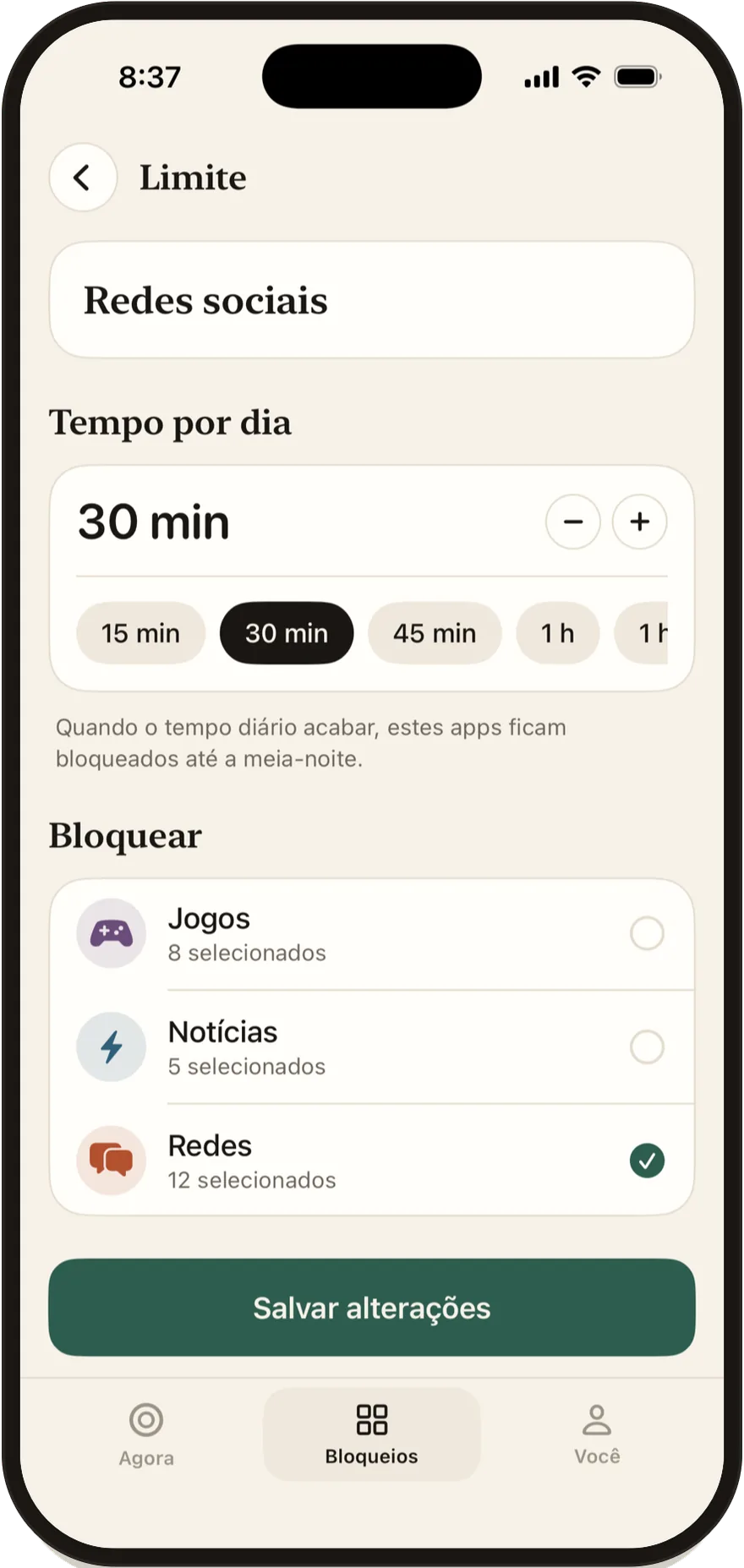Editor de limite diário do FlowState definido em 30 minutos.