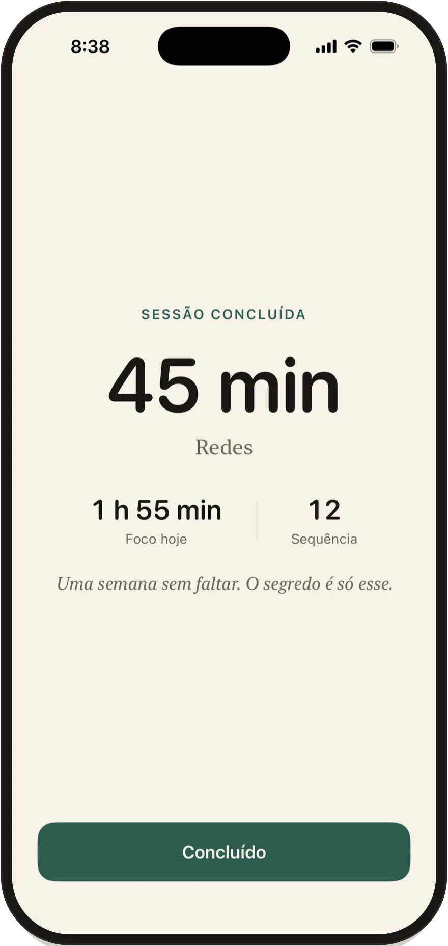 Tela de sessão concluída do FlowState mostrando uma sessão de 45 minutos.