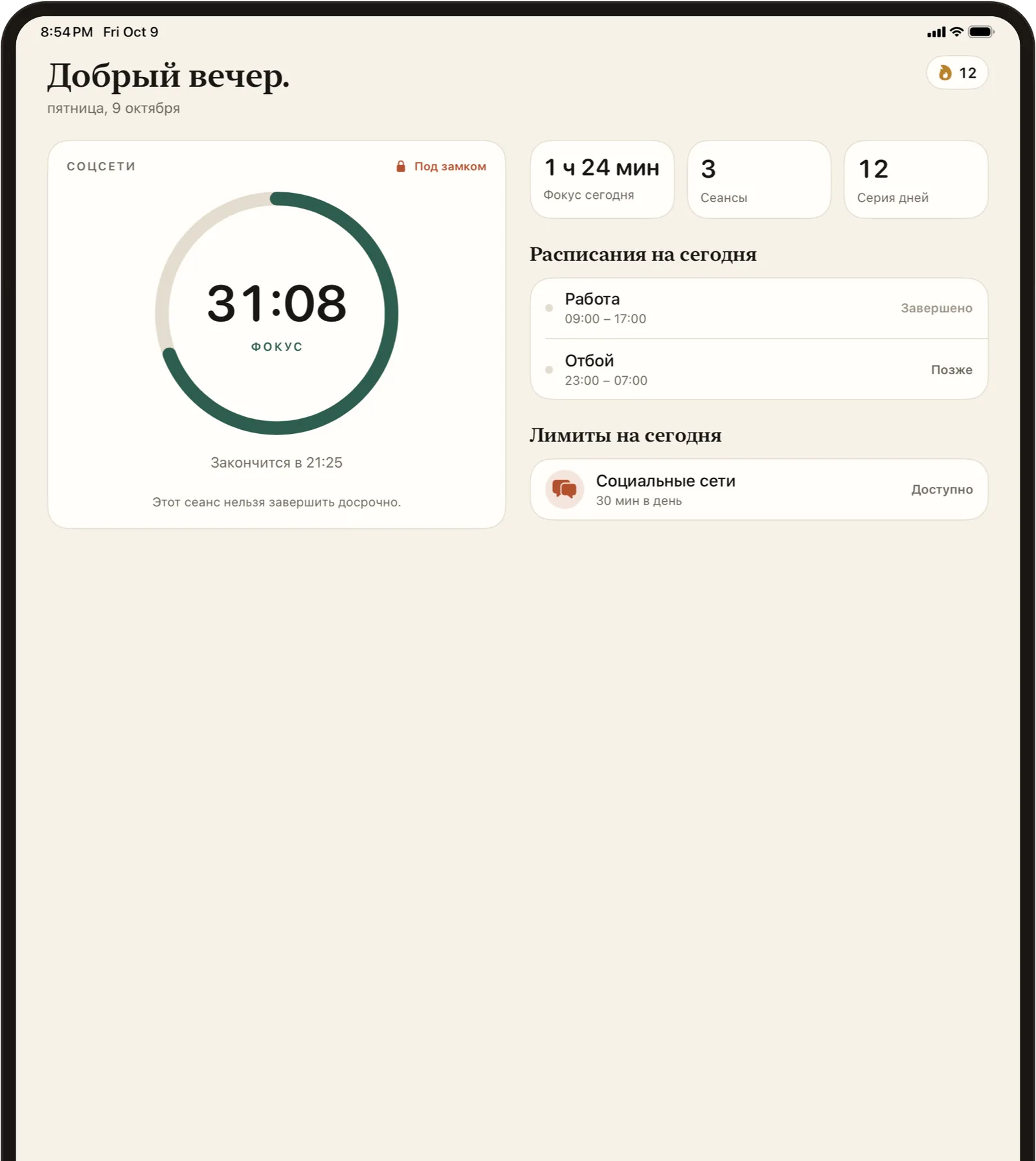 FlowState на iPad: таймер фокусировки, сегодняшние расписания и лимиты рядом друг с другом.