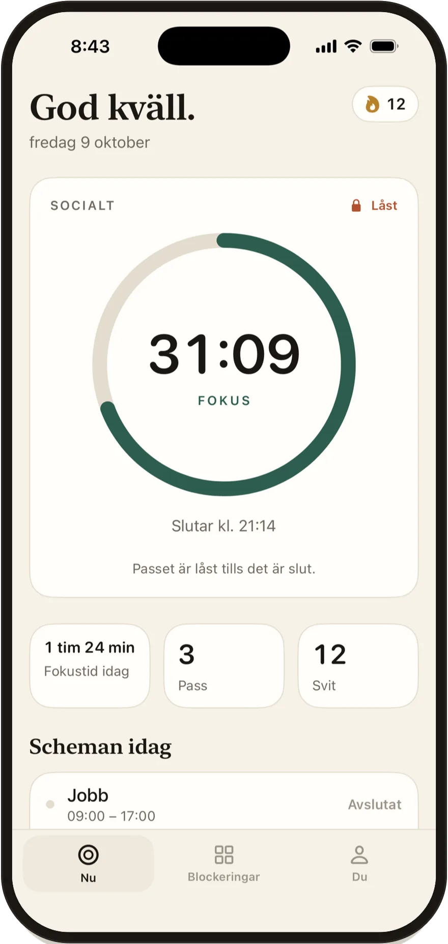 FlowState på iPhone: ett fokuspass med 30 minuter kvar och de sociala apparna låsta.